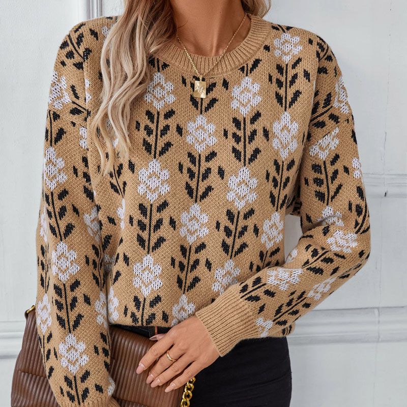เสื้อสเวตเตอร์ถักนิตติ้งคอลูกเรือ Jacquard